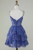 Gorgeous Navy Blue Sequined Corset Design A-line Spaghetti Strap Homecoming Dress HZ1024
