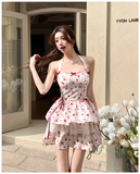 New Fashion Red Floral Print Bow Design A-line Halter Dress HZ1024