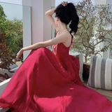 New Elegant Stylish Rose Red High-waisted Spaghetti Strap Dress HZ1024