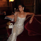 Enchanting Silvery Glittering Sequin Mermaid Long Prom Dress Evening Dress HZ1024