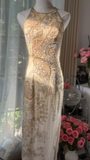 Retro Golden Sparkling Beaded Halter Dress Elegant Chiffon Evening Dress Prom Dresses HZ1024
