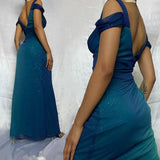 Vintage Shiny Gradient Blue-green Sheath Chiffon Unique Shoulder Strap Design Long Prom Dress Evening Dress HZ1024