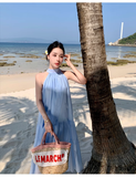 Simple Elegant Blue Design Beach Holiday Halter Dress HZ1024