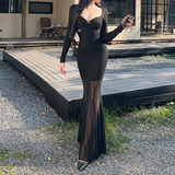 Women Simple Elegant Black Mesh Long-sleeved Dress HZ1024