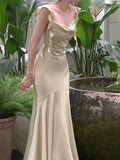 Vintage Sage Green Ruffle Mermaid Satin Long Prom Dress Party Dress Evening Dress HZ1024