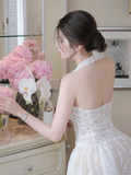 Vintage White V-neck Halter Dress Design A-line Lace Party Dress Homecoming Dress HZ1024