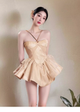 Vintage Golden Halter Dress Design A-line Satin Ruffled Hem Party Dress Homecoming Dress HZ1024