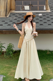 Simple Fashion Beige V-neck Design Beach Holiday A-line with Belt Halter Dress HZ1024