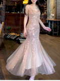 Vintage Pink Sequin Mermaid Spaghetti Strap V-neck Evening Dress Long Prom Dress HZ1024