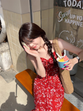 New Fashion Red Floral Design A-line Beach Holiday Spaghetti Strap Dress HZ1024