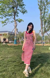 New Fashion Red Streak Casual Sleeveless Spaghetti Strap Dress HZ1024