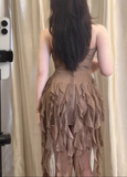 Retro Brown Strapless Sequin Irregular Hem Design Sheath Tulle Party Dress Homecoming Dresses HZ1024