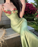 Vintage Green Floral Mermaid Spaghetti Strap Design Satin Prom Dress Evening Dress HZ1024