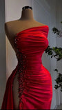 Vintage Red Sheath Beaded Evening Gown One-shoulder Slit Party Dress Satin Floor Length Formal Dress HZ1024