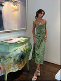 Vintag Green Satin Spaghetti Strap Prom Dress Party Dress Evening Dress HZ1024