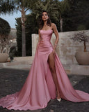 Vintage Pink Satin Prom Dress Strapless Evening Gown High Slit Party Dress Long Formal Dress HZ1024