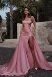 Vintage Pink Satin Prom Dress Strapless Evening Gown High Slit Party Dress Long Formal Dress HZ1024