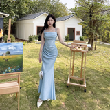 Vintage Shiny Light Blue Spaghetti Strap Mermaid Long Summer Dresses Prom Dress Evening Dress HZ1024