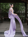 Elegant Light Purple Strapless Sheath Chiffon Long Evening Dress Prom Dresses HZ1024