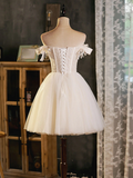 Vintage White Lace Off-the-shoulder Design A-line Tulle Party Dress Homecoming Dress HZ1024