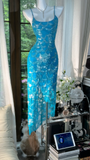 Vintage Blue Mermaid Sparkling Long Chiffon Spaghetti Strap Romantic Ball Gown Evening Dress Prom Dresses HZ1024