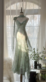 Elegant Light Green Sparkling Beaded Spaghetti Strap Romantic Chiffon Evening Dress Prom Dresses HZ1024