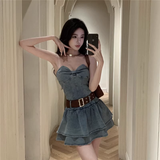 Cute Bow Design A-Line Strapless Denim Short Dress HZ1024