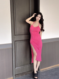 New Fashion Casual Rose Pink Sleeveless Halter Dress HZ1024