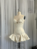 Vintage Beige Spaghetti Strap A-line Satin Lace-up Short Party Dresses Homecoming Dress HZ1024