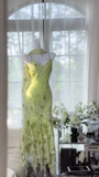 Retro Light Green Sparkling Sequin Spaghetti Strap Romantic Ball Gown Evening Dress Prom Dresses HZ1024