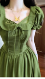 Vintage Olive Green Prom Dress A-Line Short-sleeve Evening Dress Long Formal Dress HZ1024