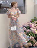 New Elegant Floral Design Puff Sleeves Princess Style Spaghetti Strap Dress HZ1024