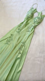 Vintage Green V-neck Embroidery Prom Dress Sheath Ruffled Evening Dress Satin Fairy Dress HZ1024