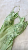Vintage Green V-neck Embroidery Prom Dress Sheath Ruffled Evening Dress Satin Fairy Dress HZ1024