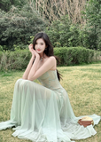 Vintage Sage Green Chiffon Prom Dress A-Line Spaghetti Strap Evening Dress Long Formal Dress HZ1024