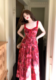 Stylish Red Rose Floral Design Elegant Casual Spaghetti Strap Dress HZ1024