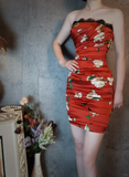 Vintage Red Floral Design Satin Strapless Romantic A-line Short Homecoming Dress HZ1024