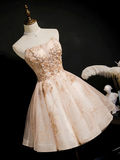 Vintage Champagne Applique Beaded Strapless Design A-line Tulle Party Dress Homecoming Dress HZ1024
