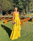 Vintage Yellow Strapless Prom Dress Long Tiered Evening Dress A-Line Formal Dress HZ1024