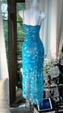 Vintage Blue Mermaid Sparkling Long Chiffon Spaghetti Strap Romantic Ball Gown Evening Dress Prom Dresses HZ1024