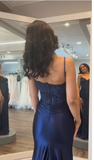 Navy Blue Mermaid Spaghetti Strap Lace Satin High Split Long Prom Dresses HZ1024