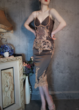 Retro Brown V-neck Beaded Spaghetti Strap Appliqued Design Elegant Satin Evening Dress Prom Dress HZ1024