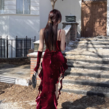 Vintage Glittering Sequin Sweetheart Spaghetti Strap Ruffled High Slit Prom Dress Evening Dress HZ1024