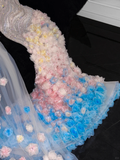 Gorgeous Sparkling Beaded Sequin Mermaid 3D Flowers Design Tulle Evening Dress Prom Dresses HZ1024