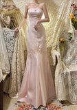 Vintage Pink Satin Embroidery Strapless Mermaid Long Prom Dress Evening Dress HZ1024