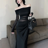 Simple Fashion Black Mesh Long-sleeved Dress HZ1024