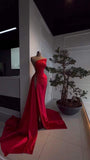 Vintage Red Sheath Beaded Evening Gown One-shoulder Slit Party Dress Satin Floor Length Formal Dress HZ1024