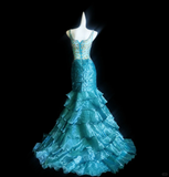 Gorgeous Blue Shiny Beaded Mermaid Satin Tiered Prom Dress Evening Dress HZ1024