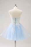 New Fashion Light Blue Flower Embroidery Design A-line Spaghetti Strap Homecoming Dress HZ1024