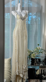 Gorgeous Shiny Beige Beaded Sequin Spaghetti Strap Design Chiffon Prom Dress Evening Dress HZ1024